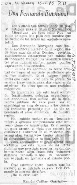 Don Fernando Binvignat  [artículo] Ramón Cuéllar Garriga.