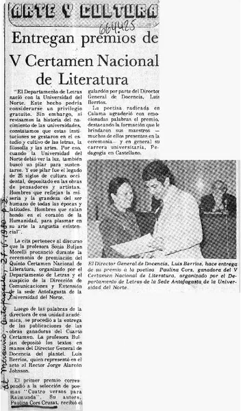 Entregan premios de V Certamen Nacional de Literatura.  [artículo]