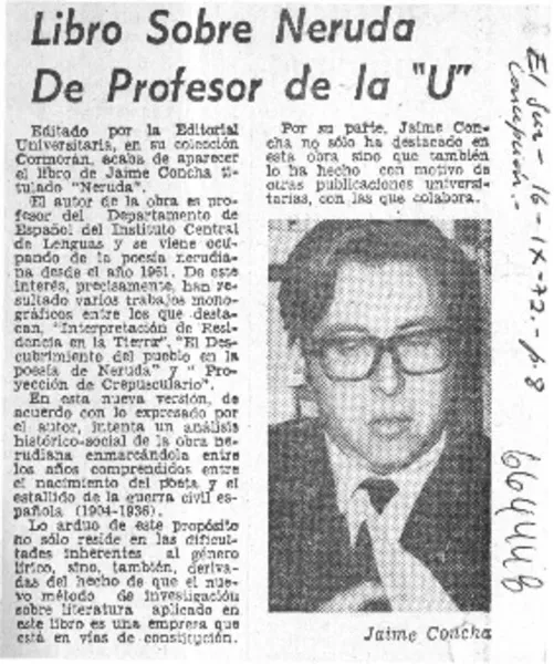 Libro sobre Neruda de profesor de la "U".  [artículo]
