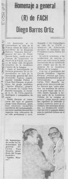 Homenaje a general (R) de FACH Diego Barros Ortiz.  [artículo]