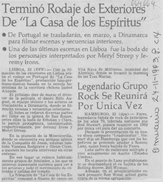 Terminó rodaje de exteriores de "La casa de los espíritus".  [artículo]