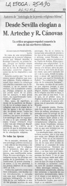 Desde Sevilla elogian a M. Arteche y R. Cánovas  [artículo] Hugo Emilio Pedemonte.