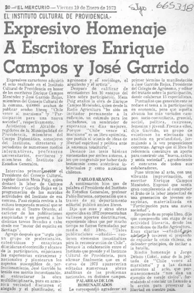 Expresivo homenaje a escritores Enrique Campos y José Garrido.  [artículo]