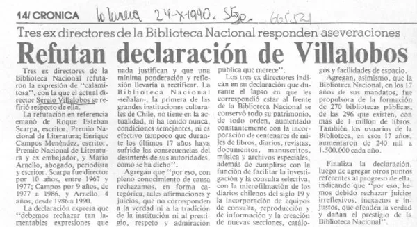 Refutan declaración de Villalobos.  [artículo]