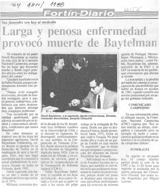 Larga y penosa enfermedad provocó muerte de Baytelman.  [artículo]
