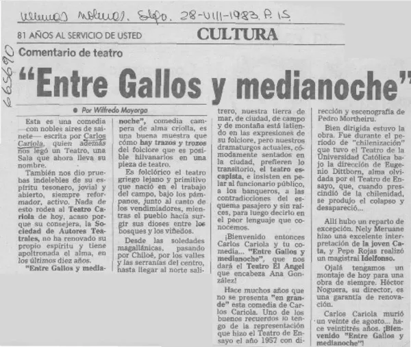 Entre gallos y medianoche"  [artículo] Wilfredo Mayorga.