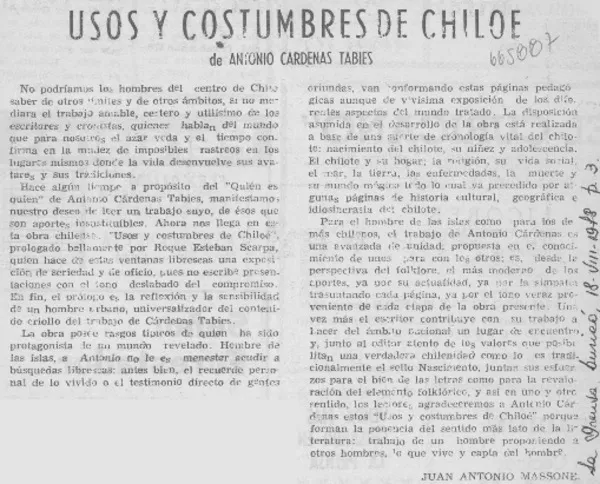 Usos y costumbres de Chiloé  [artículo] Juan Antonio Massone.