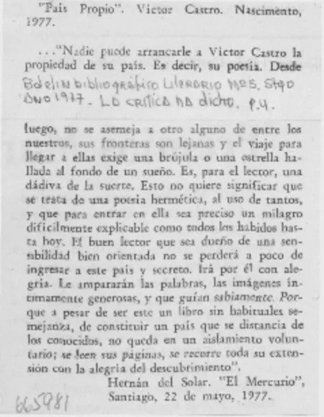 País propio  [artículo] Hernán del Solar.