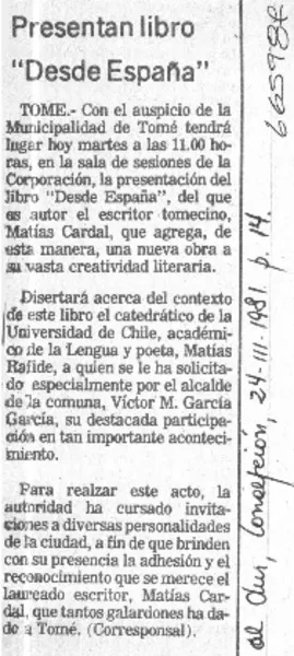 Presentan libro "Desde España".  [artículo]