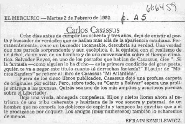 Carlos Casassus  [artículo] Efraín Szmulewicz.