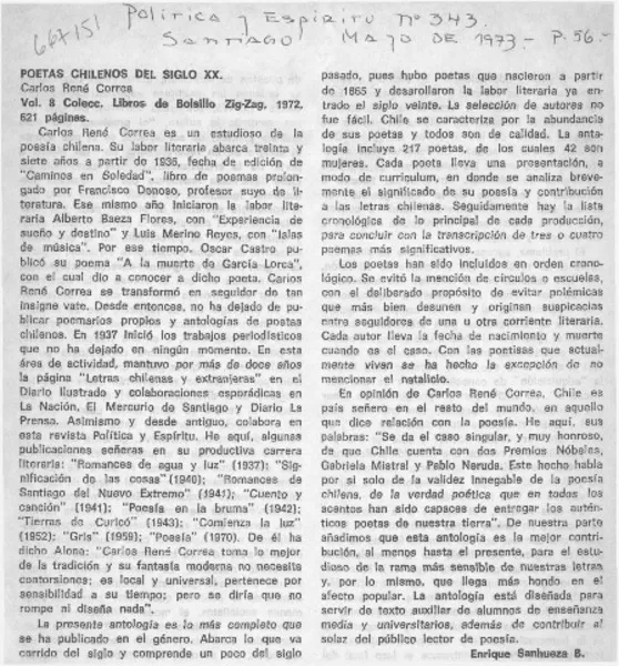 Poetas chilenos del siglo XX  [artículo] Enrique Sanhueza B.