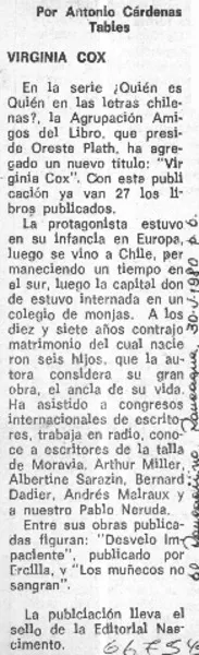 Virginia Cox  [artículo] Antonio Cárdenas Tabies.