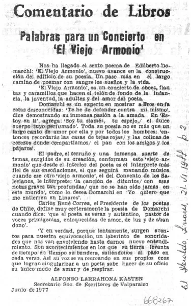Palabras para un concierto en "El viejo armonio"  [artículo] Alfonso Larrahona Kästen.