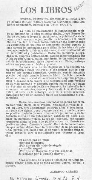 Poesía femenina de Chile  [artículo] Alberto Arraño