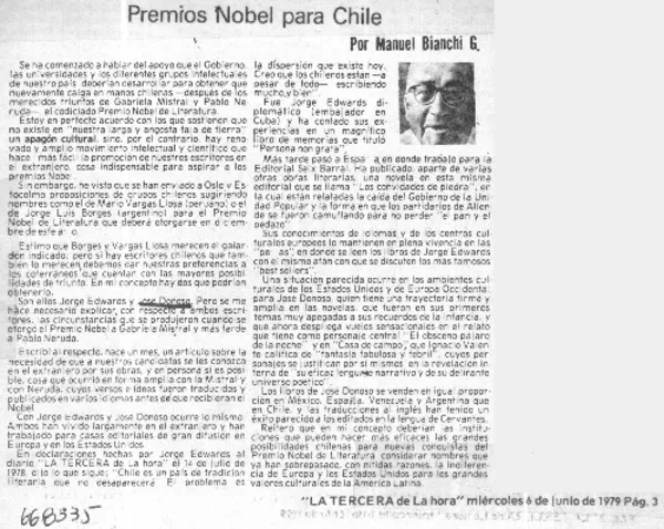 Premios nobel para Chile  [artículo] Manuel Bianchi G.