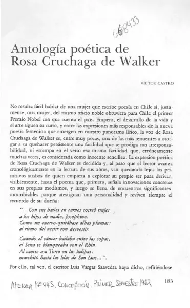 Antología poética de Rosa Cruchaga de Walker  [artículo] Víctor Castro.