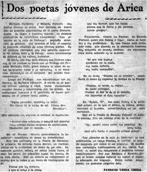 Dos poetas jóvenes de Arica  [artículo] Patricio Ubeda Ubeda.