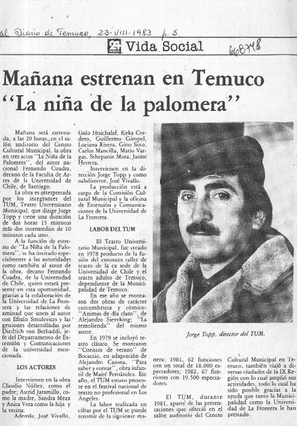 Mañana estrenan en Temuco "La niña en la palomera".  [artículo]