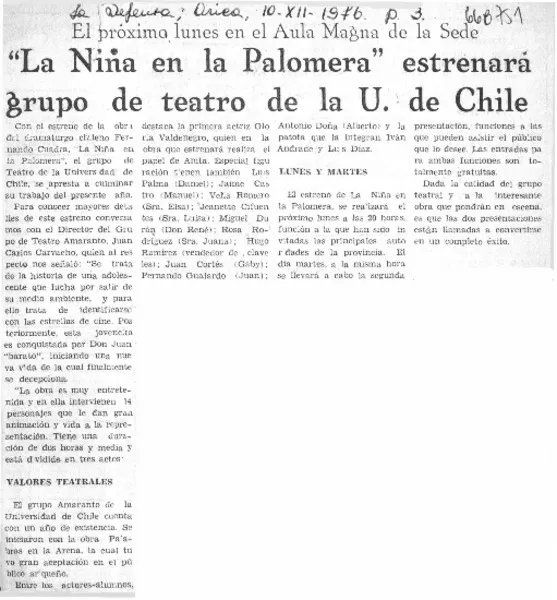 La niña en la palomera" estrenará grupo de teatro de la U. de Chile.  [artículo]