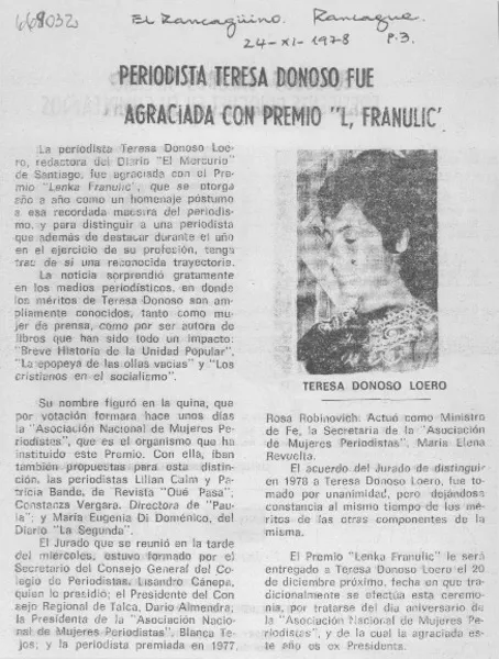 Periodísta Teresa Donoso fue agraciada con premio "L. Franulic".  [artículo]
