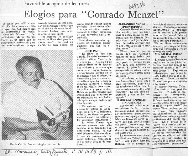 Elogios para "Conrado Menzel".  [artículo]