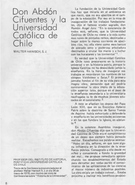 Don Abdón Cifuentes y la Universidad Católica de Chile  [artículo] Walter Hanish.