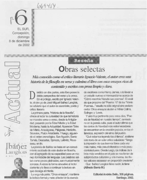 Obras selectas  [artículo] Alfredo Barría M.