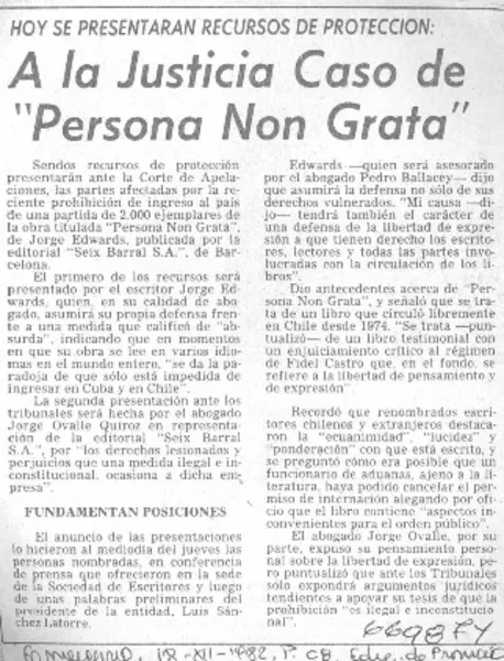 A la justicia caso de "Persona non grata".  [artículo]