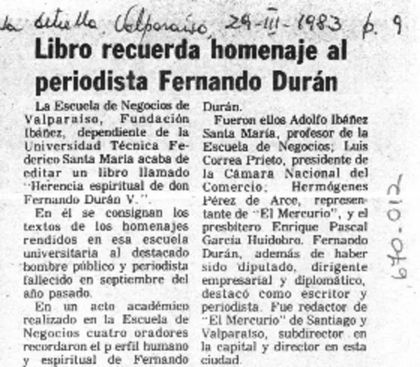Libro recuerda homenaje al periodista Fenando Durán.  [artículo]