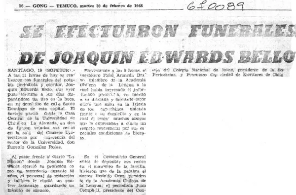 Se efectuaron funerales de Joaquín Edwards Bello.  [artículo]