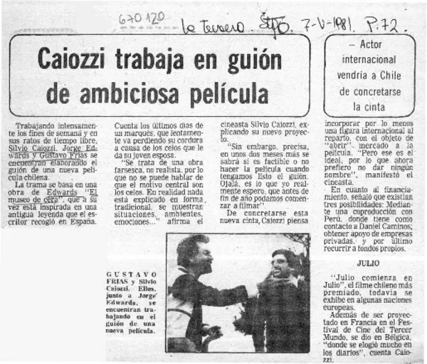 Caiozzi trabaja en un guión de ambiciosa película.  [artículo]
