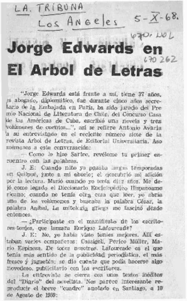 Jorge Edwards en el Árbol de Letras  [artículo]