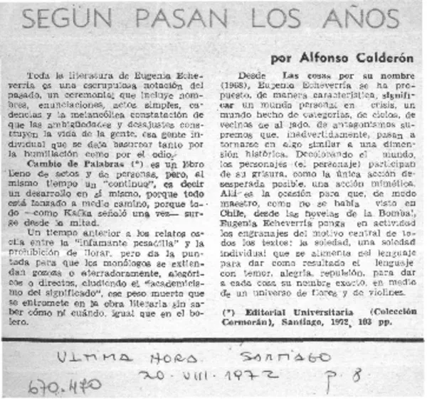 Según pasan los años  [artículo] Alfonso Calderón.