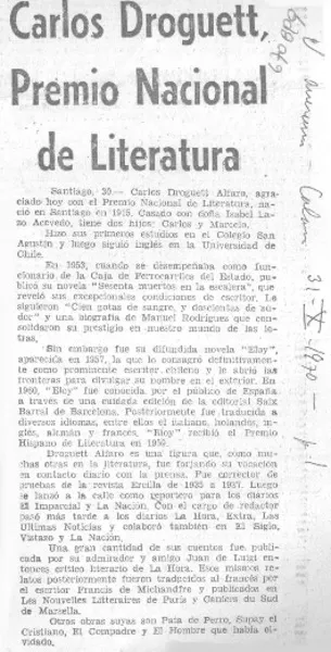 Carlos Droguett, Premio Nacional de Literatura.  [artículo]