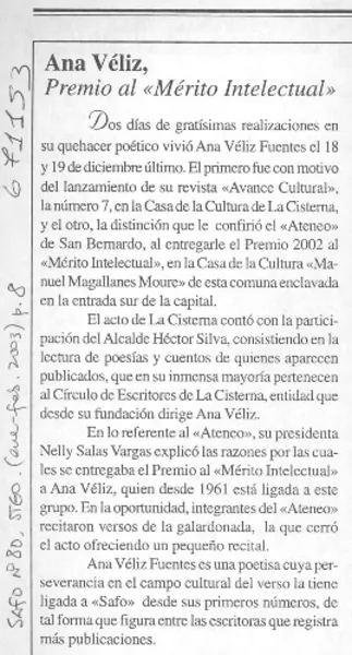 Ana Véliz, Premio al "Mérito intelectual".  [artículo]