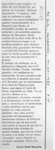 Olegario Lazo Baeza: la vida en sus escritos  [artículo] Carlos René Ibacache.