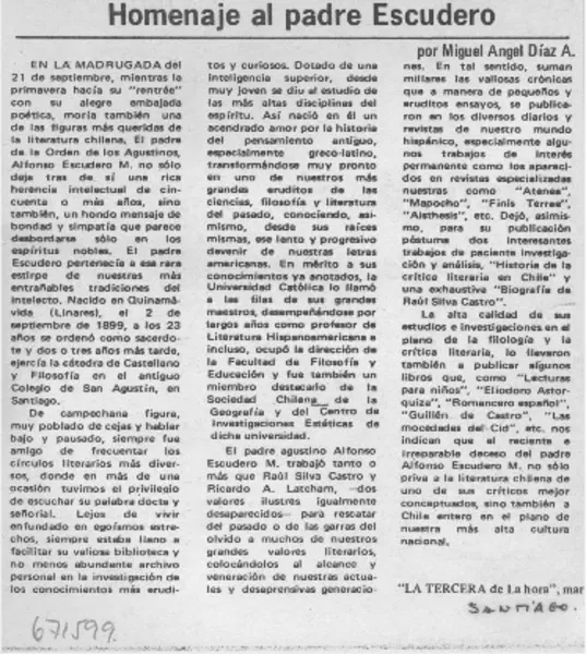 Homenaje al Padre Escudero  [artículo] Miguel Angel Díaz A.