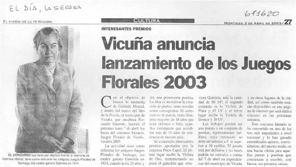 Vicuña anuncia lanzamiento de los Juegos Florales 2003.  [artículo]