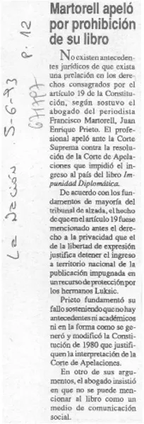 Martorell apeló por prohibición de su libro.  [artículo]