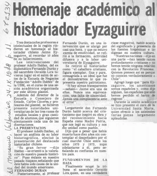 Homenaje académico al historiador Eyzaguirre.  [artículo]