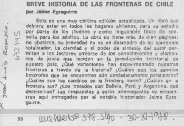 Breve historia de las fronteras de Chile  [artículo] José Luis Rosasco.
