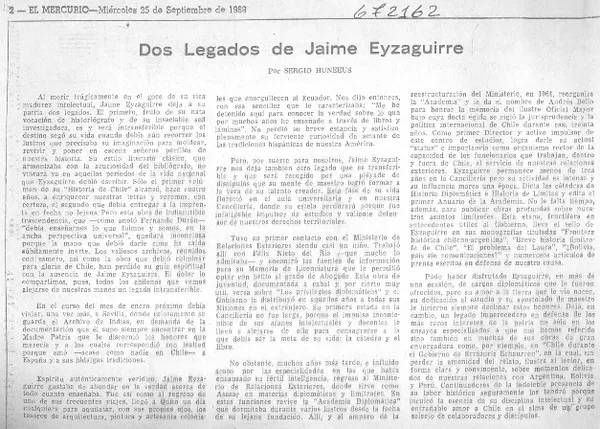 Dos legados Jaime Eyzaguirre.  [artículo] Sergio Huneeus.