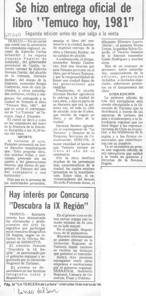 Se hizo entrega oficial de libro "Temuco hoy, 1981".  [artículo]
