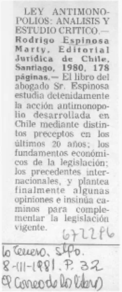 Ley antimonopolios: análisis y estudio crítico.  [artículo]
