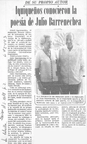 Iquiqueños conocieron la poesía de Julio Barrenechea.  [artículo]