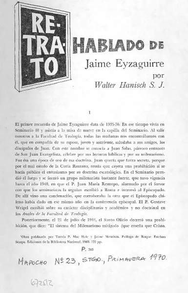 Hablando de Jaime Eyzaguirre  [artículo] Walter Hanisch.