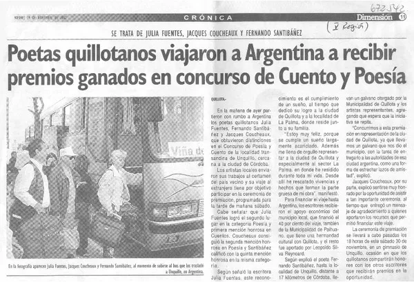 Poetas quillotanos viajaron a Argentina a recibir premios ganados en concurso de cuento y poesía.  [artículo]