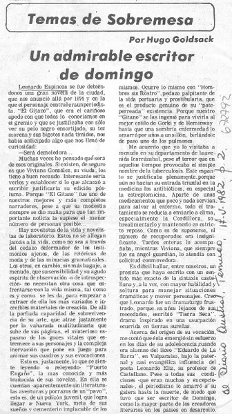 Un admirable escritor de domingo  [artículo] Hugo Goldsack.