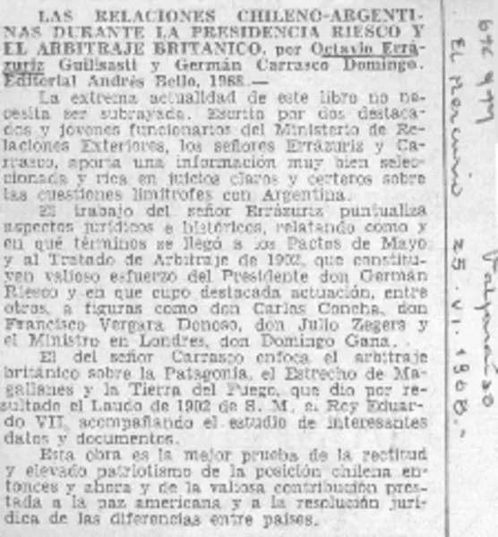 Las Relaciones chileno-argentinas durante la presidencia Riesco y el arbitraje británico.  [artículo]