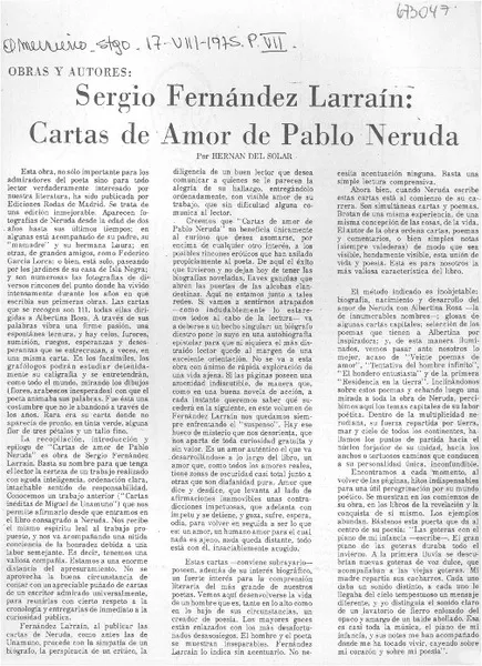 Sergio Fernández Larraín, Cartas de amor de Pablo Neruda  [artículo] Hernán del Solar.